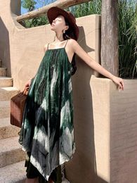 Casual Dresses Women Fashion Green Tie Dyed Patchwork Backless Loose Long Dress Vintage Elegant Festival Lady Irregular Pleated Slip Y2k