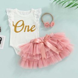 Clothing Sets Baby Girl First Birthday Outfit Fly Sleeve Lace Romper Tutu Skirt Set with Headband H240508
