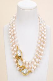 Guaiguai Takı 3 Strands Beyaz Keshi İnci Kolye Altın Kadınlar için Kaplama Gerçek Taşlar Taş Lady Fashion Jewellery4291757