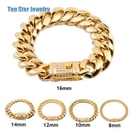8mm 10mm 12mm 14mm 16mm 18mm Stainless Steel Bracelets 18K Gold Plated High Polished Miami Cuban Link Men Punk Chain Cubic Zirconia Cla 249G