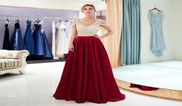 Chic Dark Red ALine Evening Dresses VNeck Beaded Top Satin Prom Gown Backless Long Formal Party WeddingGuest Dresses Custom Made7078169