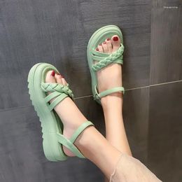 Dress Shoes Beach Ladies One Word Platform Outdoor Round Toe Tip Summer 2024 Sandals For Women Open Buckles Green Footwear The H