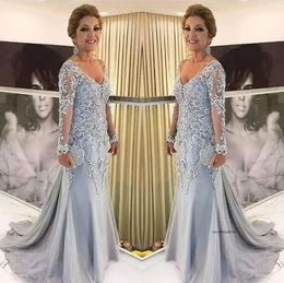 Elegant Blue Sier Mother of the Bride Dresses Long Sleeves 2021 V Neck Godmother Evening Dress Wedding Party Guest Gowns New 0509