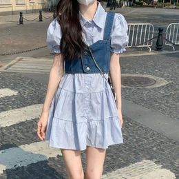 Work Dresses Women Summer 2 Piece Set Sling Denim Vest Design Sleeveless Short Tops And Puff Sleeve Shirt Dress Fashion Girls