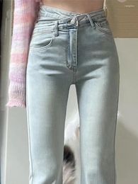 Women's Jeans Fashion Irregular Light Blue Autumn Office Female High Waist Elastic Slim Fit Close Hip Zipper Minimalist Women Horn