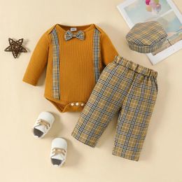 Clothing Sets Gentleman Style Striped Fake Strap Long Sleeve Romper Plaid Trousers Small Top Hat Baby Boys 3pcs Set