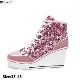 Casual Shoes Women's High Top Height Increasing Wedges Lace Up Pumps Flats Fashion Woman Canvas Sequins Design Lady