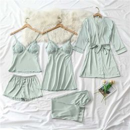 Women's Robe Sexy Sleepwear 5PCS Pyjamas Set For Women Silky Nightwear Faux Silk Robe Kimono Bathrobe Gown With Lace Soft Intimate Lingerie