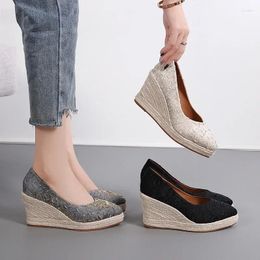 Dress Shoes Pointed Shallow Mouth Women Wedge Heel Thick Sole Single Straw Woven Twine Rope Spring Autumn