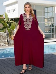 Red Standing Collar Embroidered Kaftan Women's Summer Cozy Loose Dress Boho Holiday Beachwear Swimsuit Cover Up Q1640