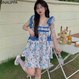Casual Dresses Onalippa Flowers Cartoon Printing Mini Dress Ruffles Lace Up Elastic Kawaii Korean Contrast Wood Ear Hem Loose Vestidos