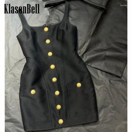 Casual Dresses 12.1 KlasonBell Fashion Classic Lion Gold Button Design Square Collar Spaghetti Strap Collect Waist Package Hip Dress Women