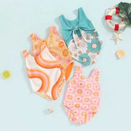 원 피스 유아용 아기 여자 수영복 꽃 인쇄 어깨 끈 비치웨어 소매 소매가 주름 여름 해변 수영복 h240508