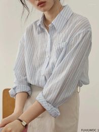 Women's Blouses Cotton Linen Thin Transparent Tops 2024 Summer Long Sleeve Loose Casual Button Striped Boyfriend Design Shirts
