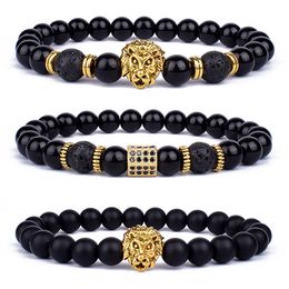 Fashion Obsidian Lion Head Charm Bracelets Men Lava Stone Zircon Prism Bangles for Women Friendship Jewellery Gift 240423