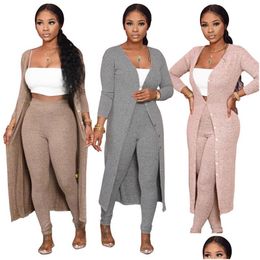 Womens Two Piece Pants Casual Pure Color Cardigan 2 Suit Fashion Clock Peice Set Autumn And Winter Lady Cloth Drop Delivery Apparel Cl Otjvb
