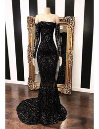 Sexy Evening Dress Black Sequined Vestidos Largos Lace Sleeve Off Shoulder Woman Prom Party Night Dress Sweep Train8013927