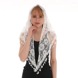 Scarves Fashionable Lace Single Colour Triangle Tassel Towel Women Veil Pure Flower Scarf Prayer Hijab 160 80cm