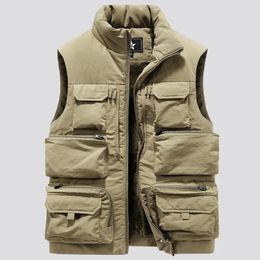 Men's Vests 2024 Cargo Vest Winter Thick Fleece Warm Sleeveless Jacket Solid Colour Tactical Coat Men Pockets Work Waistcoat 6XL
