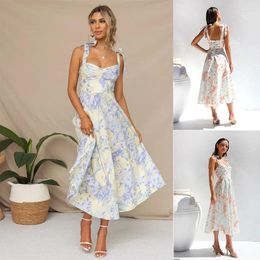 Casual Dresses Long Women Summer Backless Spaghetti Strap Floral Print Maxi Dress Off Shoulder Beach Holiday Party Sling Vestidos