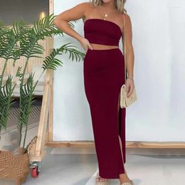 Work Dresses Sexy Bustier Sleeveless Tops And Long Skirt Sets Women Elegant Side Split Slim Party 2Pc Outfits 2024 Fashion Solid Beach Suits