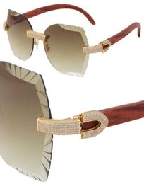 New Metal Micropaved Diamond Set Rimless womens Men Sunglasses Wood Sun glasses Male and Female Wooden Frame with 18K Gold UV400 2506635