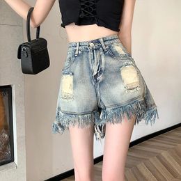 Women's Shorts Vintage High-waisted Hole Denim Y2K Summer Loose Slimming Fringe Straight Pants Fashion A-line Wide-leg