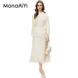 Work Dresses MonaAiYi Fashion Designer Women's Ruffled Leeves Detachable Beaded Waistband White Tops Feather Casual Skirt 2pcs Set