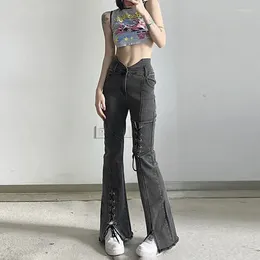 Women's Jeans Lace-Up Micro Ripped Spring High Waist Fashion Thin Slit Wide Leg Trousers Tide Clothes For Women Denim Pants Bell Bottoms