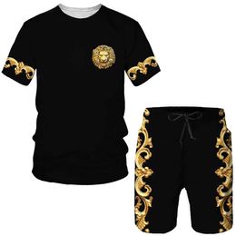 Men's T-Shirts Summer Mens Sets New 3D Golden Chain Sty Print Clothes Brand Short Seve Vintage Luxury Royal T-shirt Shorts 2 Piece Suit H240508