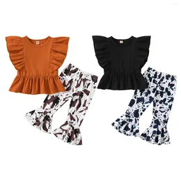 Clothing Sets 1-5Years Kids Girls Summer Outfits Ruffled Sleeve T-shirt And Cow Print Stretch Casual Flared Pants Set