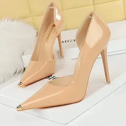 Dress Shoes Comemore Metal Pointed Women Pumps Sexy Party Stilettos 7cm 10.5cm Slip-on Black Patent Leather High Heels