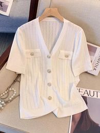 Women's Knits Stylish Vintage Knit Sweater Women Gold Buttons Cardigans Tops 2024 Summer Short Sleeve O-neck Elegant Fashion Chic Knitwear