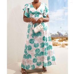 Casual Dresses Wepbel Floral Dress Women Summer Printed V-neck Fitted Waist Flare-Sleeve Sleeve High Long Maxi