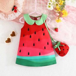 Flickans klänningar Baby Girls Dress Costume Watermelon Print Doll Collar Sleeveless Casual Dress Summer Princess Dress With Bag H240508