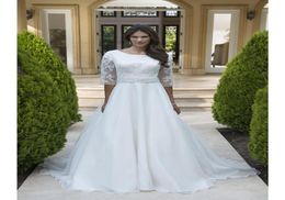 Long Aline Chiffon Modest Wedding Dresses With Sheer Sleeves Beaded Belt Buttons Back Lace Appliques Country Bridal Gowns Couture5013354