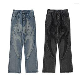 Women's Jeans Vintage Flame Embroidered High Rise Women's Washed Old Loose Fit Y2K Casual Pants Jean