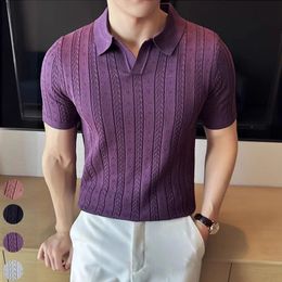 Mens Polo Shirt Striped Jacquard Knit Short Sleeve T-shirt V-neck Solid Colour Elastic Top 2024. M-3XLSummer Purple Thin 240508