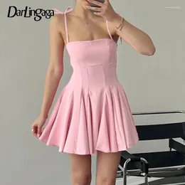 Casual Dresses Fashion Strappy Pink Summer Pleated Dress Women Folds Off Shoulder Sweet Mini Korean Coquette Clothes Party