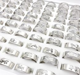 Whole 100PCs Lot Men039s Women039s Stainless Steel Band Rings Laser Cut Patterns Polished Fashion Jewellery Ring Party Fav3313621