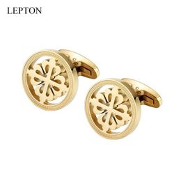 Cuff Links Hot selling 18K Gold Plated Crusader Cufflinks Lepton Stainless Steel Round Mens Wedding Business Cufflinks Gemelos Q240508