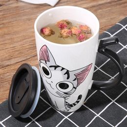 600ml Cute Cat Ceramics Coffee Mug with Lid Large Capacity Animal Mugs Creative Drinkware Coffee Tea Cups Novelty Gifts Milk Cup 209y