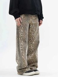 Women's Pants Capris Retro leopard print jeans for women in spring oversized casual buttocks trendy wide leg Trouser trend high waisted black Q240508