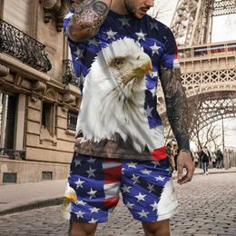 Men's Tracksuits 3d Vintage Eagle American Men Oversized Tracksuit Summer Men T-shirts Set Fashion Men Shorts 2PCS Outfit Tracksuit Men Clothing T240507