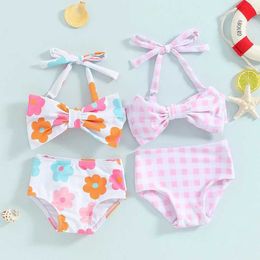 Duas-peças 1-6y Little Girl Bikini Set Flower/Plain Soeveseless Bow Bikini Top com shorts 2024 Summer Baby Swimwear Criança Terno da praia H240508