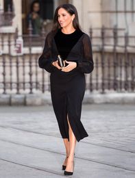 Meghan Markle Princess Women Dress Velvet Evening Dress Sheer Long Sleeve Black Dresses With Belt1767511