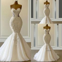2021 Sexy Vestido De Novia Mermaid Wedding Dresses Formal Bridal Gowns Sweetheart Embroidery Lace Appliques Crystal Beads Illusion Sweep Train Plus Size 0509