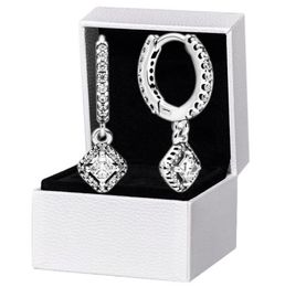 Square Sparkle Hoop Earrings Original box set for 925 Sterling Silver CZ diamond Pendant Earring Womens Wedding designer Jewelry8200464