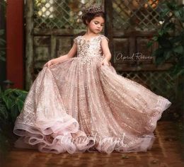 2023 Rose Gold Sequined Flower Girl Dresses For Weddings Lace Sequins Bow Open Back Short Sleeves Girls Pageant Dress Kids Communion Gowns 0509