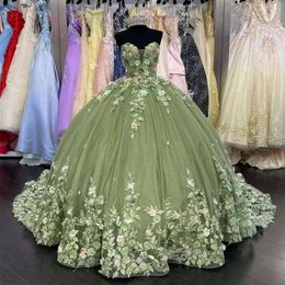 Angelsbridep 그린 볼 가운 드레스 비즈 연인 3d 꽃 무늬 브리 스타일 댄스 파티 vestidos de Quinceanera 0509